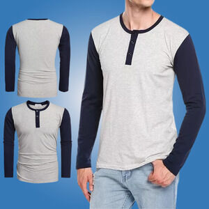 Hotouch Mens Long Sleeve Henley Slim Fit Contrast Color T-Shirt Gray Navy S